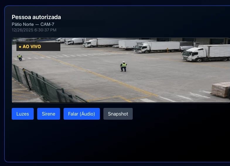 Evento de pessoa autorizada visualizado em composição mobile da Vision City, com imagem da câmera e ações disponíveis.