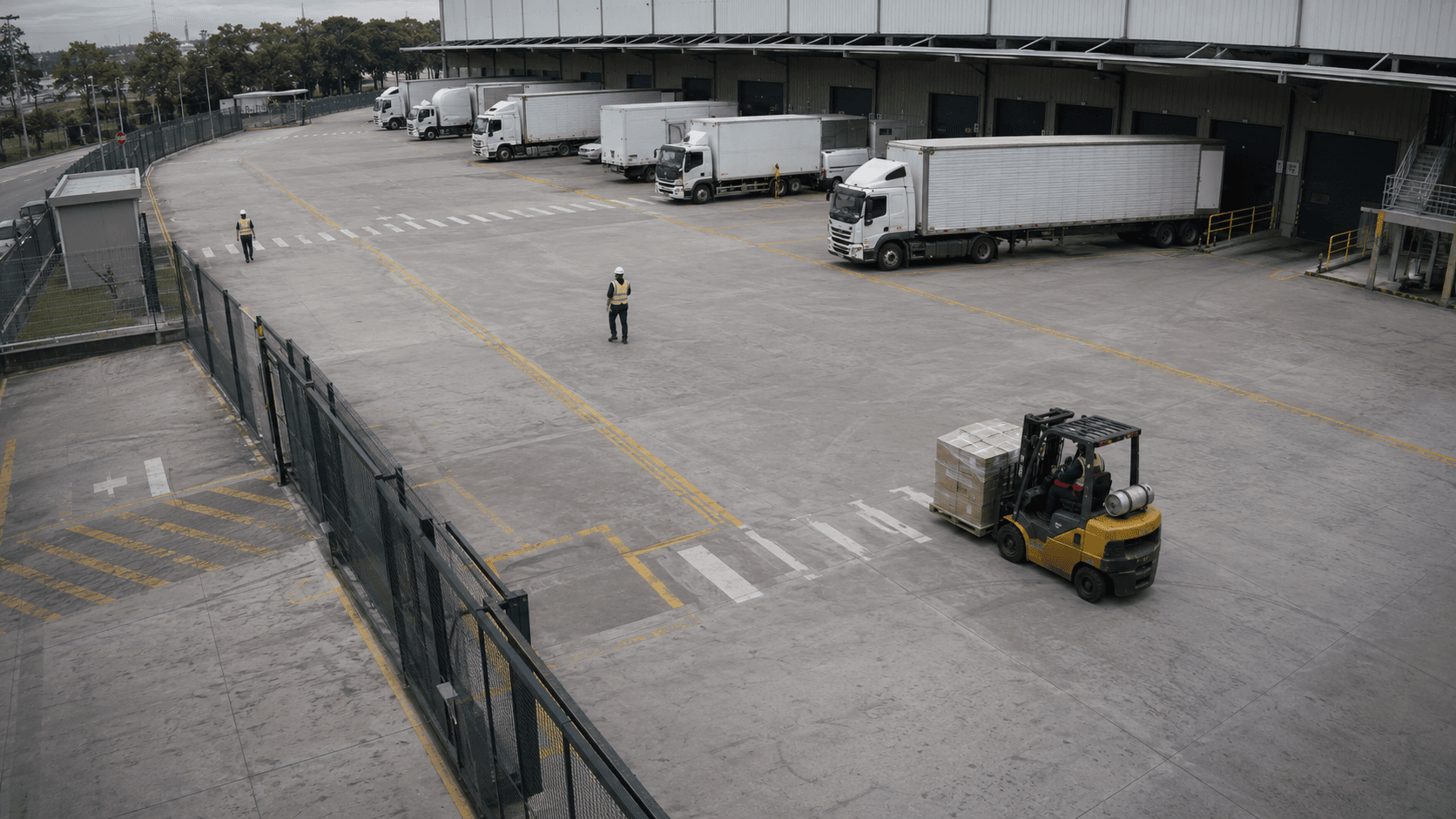 Vista elevada de um pátio logístico com caminhões nas docas e uma empilhadeira em operação.